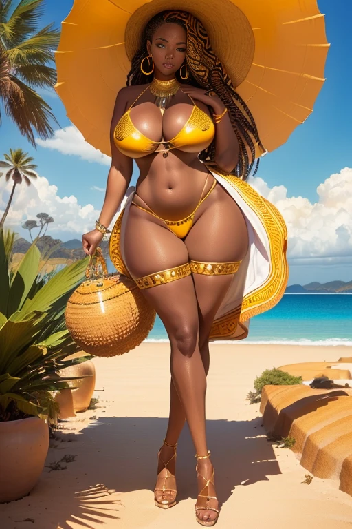 Mujer africana  arafed en bikini posando en un patio., Impresionante tiro de diosa gigante, angela white, cuerpo grueso y voluptuoso, modelo con curvas, figura voluptuosa, brown hair and a perfect body, envuelto en oro sedoso, elegante cuerpo dorado, cuerpo grueso, diosa dorada africana, envuelto en oro, hermosas curvas, figura de reloj de arena con curvas, cuerpo con curvas, bikini dorado brillante. lus muy brillante frontal