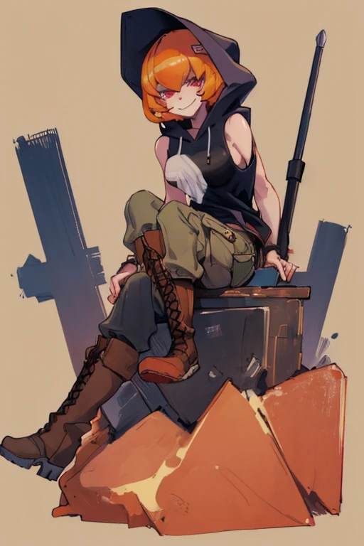 ((highest quality)), ((masterpiece)), (be familiar with),Clementine,Overload,{{nsfw}},Sleeveless hoodie,cargo pants,Bewitching Smile,whole body,boots