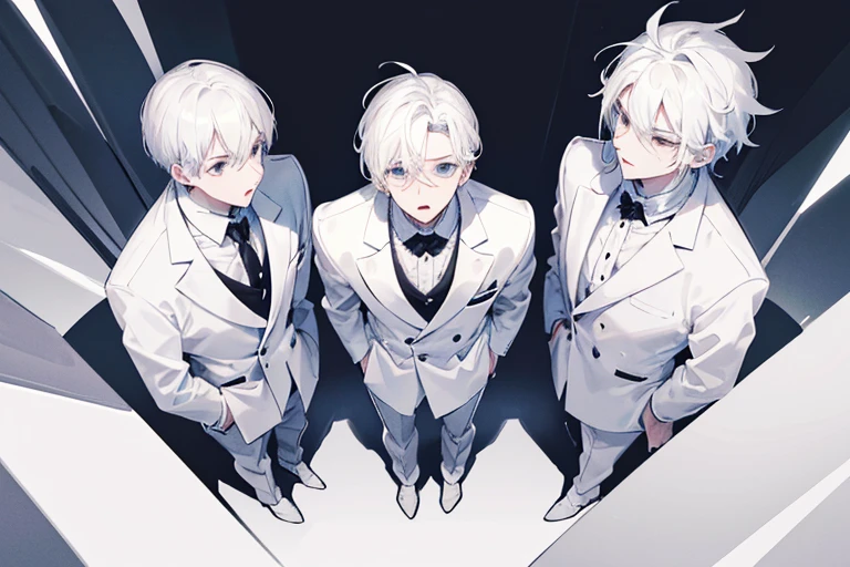 monochrome,masterpiece,illustration, best quality, best aathetic,male focus, full body,looking away:1.4,5 men in white coats standing,One man has his back to the camera,Screaming,anger,white shirt,white hair,Three men looking on, Low angle and full shot, overhead shot,from above,
