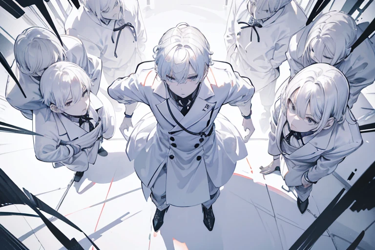 monochrome,masterpiece,illustration, best quality, best aathetic,male focus, full body,looking away:1.4,5 men in white coats standing,One man has his back to the camera,Screaming,anger,white shirt,white hair,Three men looking on, Low angle and full shot, overhead shot,from above,