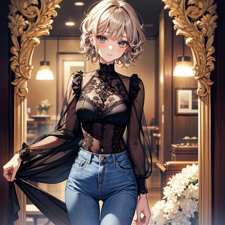Curly hair、Pixie Cut、Lace high neck long sleeve top、jeans、Long eyelashes、Shibuya style gal、fine、young、delicate、10th Generation、Slender girl、Earrings、Liveliness、