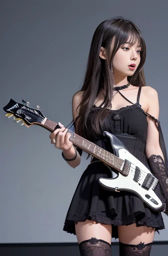 full body, best detailed girl, sharp focus, (standing on one leg:1.2), beautiful detailed fullbody, detailed long hair, messy hair style, beautiful face, xd, open mouth, thighhighs, (stylish party dresses:1.1),(electric 
guitar:1.3), (A scene where an electric 
guitar is played violently:1.3),Tokyo Dome, backlight,