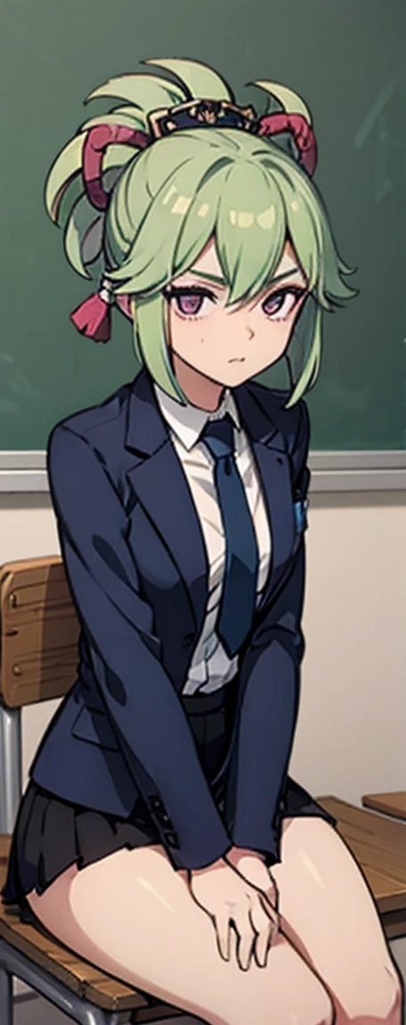 KyokoDG, 1girl, necktie, solo, jacket, shirt, looking at viewer, long sleeves, white shirt, collared shirt, sitting on chair, classroom, pink blood,