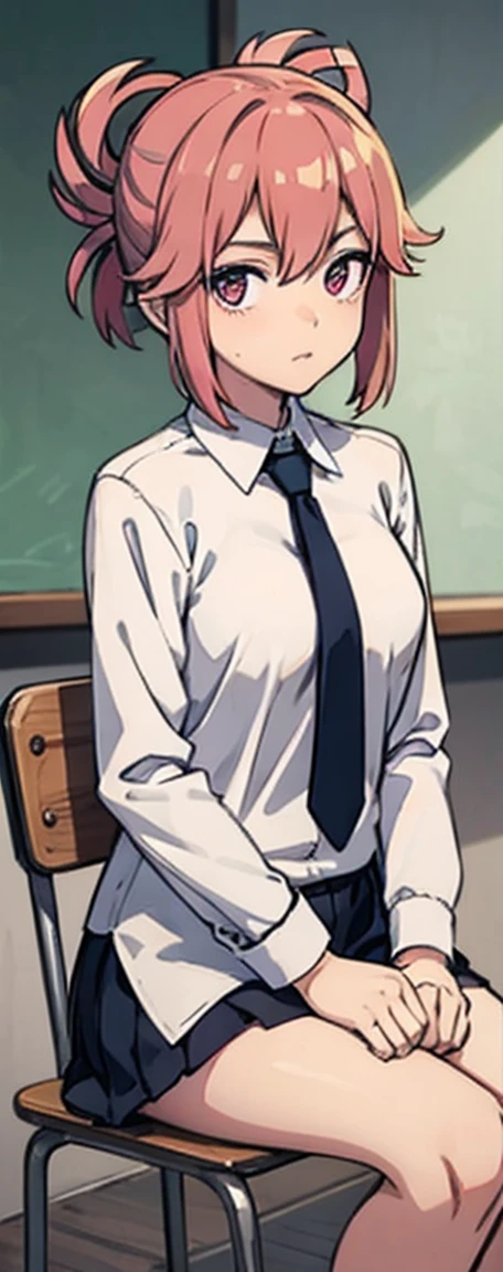 KyokoDG, 1girl, necktie, solo, jacket, shirt, looking at viewer, long sleeves, white shirt, collared shirt, sitting on chair, classroom, pink blood,