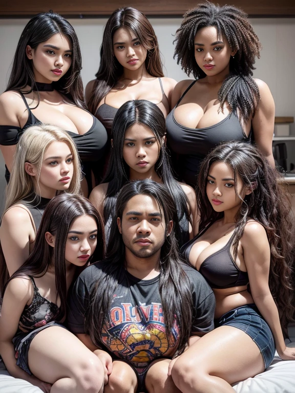 (A single african black man laying on his back in-bed wearing shorts, in-center of composition) A diverse group of five young adult Americans, representing different ethnicities and characteristics, wearing yoga-pants and tank-tops, displays their unique beauty with perfect bodies, , wide thicc-hips, Among them, there are blonde young adult girls with auburn hair, emanating an air of natural elegance. Young german & asian girls with silky locks and a captivating sheen show off their exotic beauty. Also present are black young adult girls with stunning curly hair, highlighting their authenticity and cultural pride, (the women surround a singular AFRICAN BLACK MAN, from all sides)  the women kiss the singular african black Man and touch the singular african black man, masterpiece, high details, high quality, best quality.