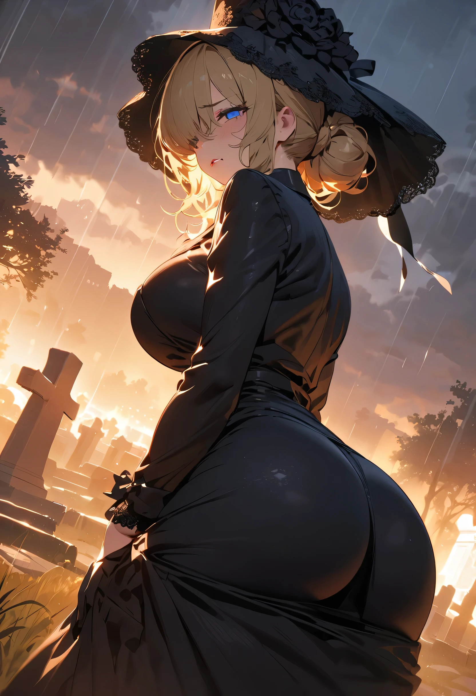 NSFW,Top-quality,Super high resolution,Masterpiece,Highres,8k,UHD,Hyper detail,Detailed lighting,Shaders,Highly detailed CG illustration,An extremely delicate and beautiful,Cinematic angle,Cinematic light,Dynamic angle,Dramatic light,Extreme detailed,Highest detailed,Cowboy shot,Cemetery,Rain season,Gigantic ,Widow,Mourning dress,Funeral dress,Milf,Milfication,Mature female,Medium hair,Wavy hair,Blonde hair,Tied hair,Hair over one eyes,Black big veil hat,Long glove,Black eyelids,Dead eyes,Mourning face,Red lips,Blue eyes,Black gown,Stocking,Crying eyes expression,Desperate expression,Gloomy face,Voluptuous,Plump,Chubby,Thick thighs,Big ass,Beautiful ass,Fullbody