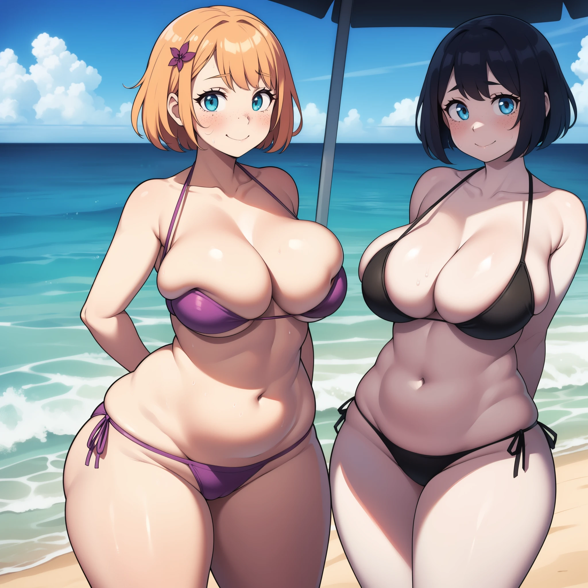 ((highres)), Masterpiece, high quality, best quality, beautiful, perfect lighting, detailed face, ultra cute face, ((2girls)), short fluffy hair, freckles, pale skin, ((blush)), sweet smile, looking at viewer, arms behind back, standing on a beach, (beach), wet, daytime, side tie bikini, (((thick thighs))), ((wide hips)), cleavage, medium breast, chubby, 20 year old female,
