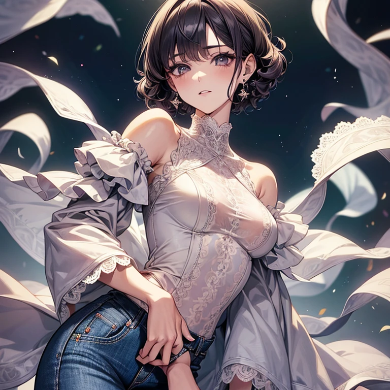 Curly hair、Pixie Cut、Lace high neck long sleeve top、jeans、Long eyelashes、Shibuya style gal、fine、young、delicate、10th Generation、Slender girl、Earrings、Liveliness、