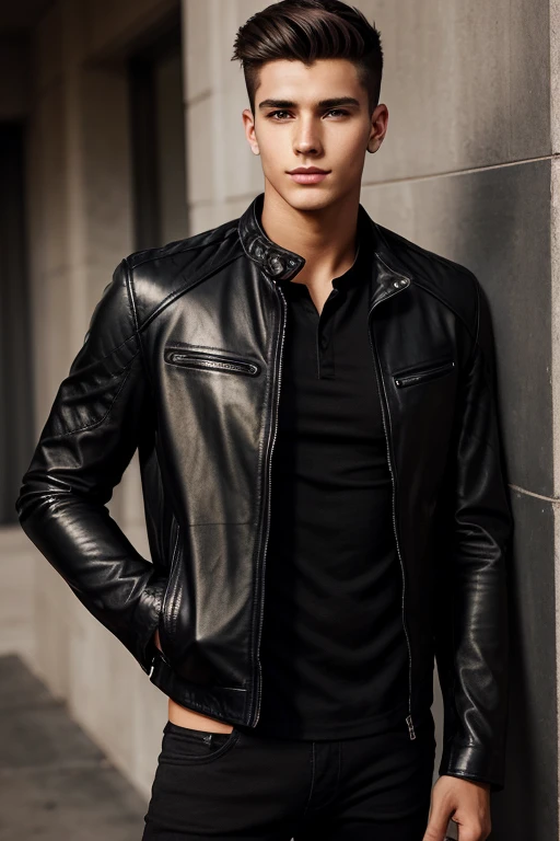 american boy in a black leather jacket and black shirt, handsome young man, portrait of handsome young man, handsome young model, handsome young man, attractive young man, young man with handsome face, male model, handsome male, handsome young man, young man