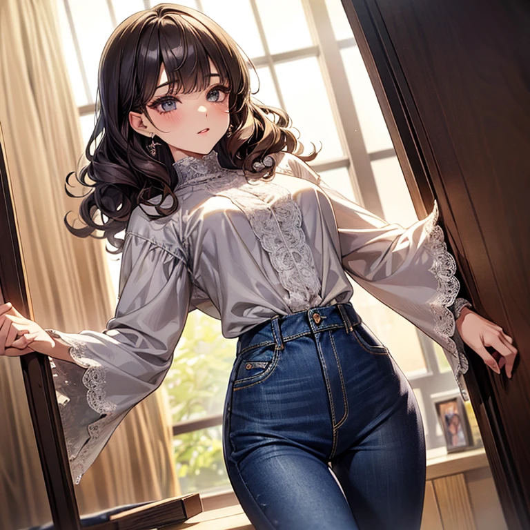 Curly hair、Pixie Cut、Lace high neck long sleeve top、jeans、Long eyelashes、Shibuya style gal、fine、young、delicate、10th Generation、Slender girl、Earrings、Liveliness、