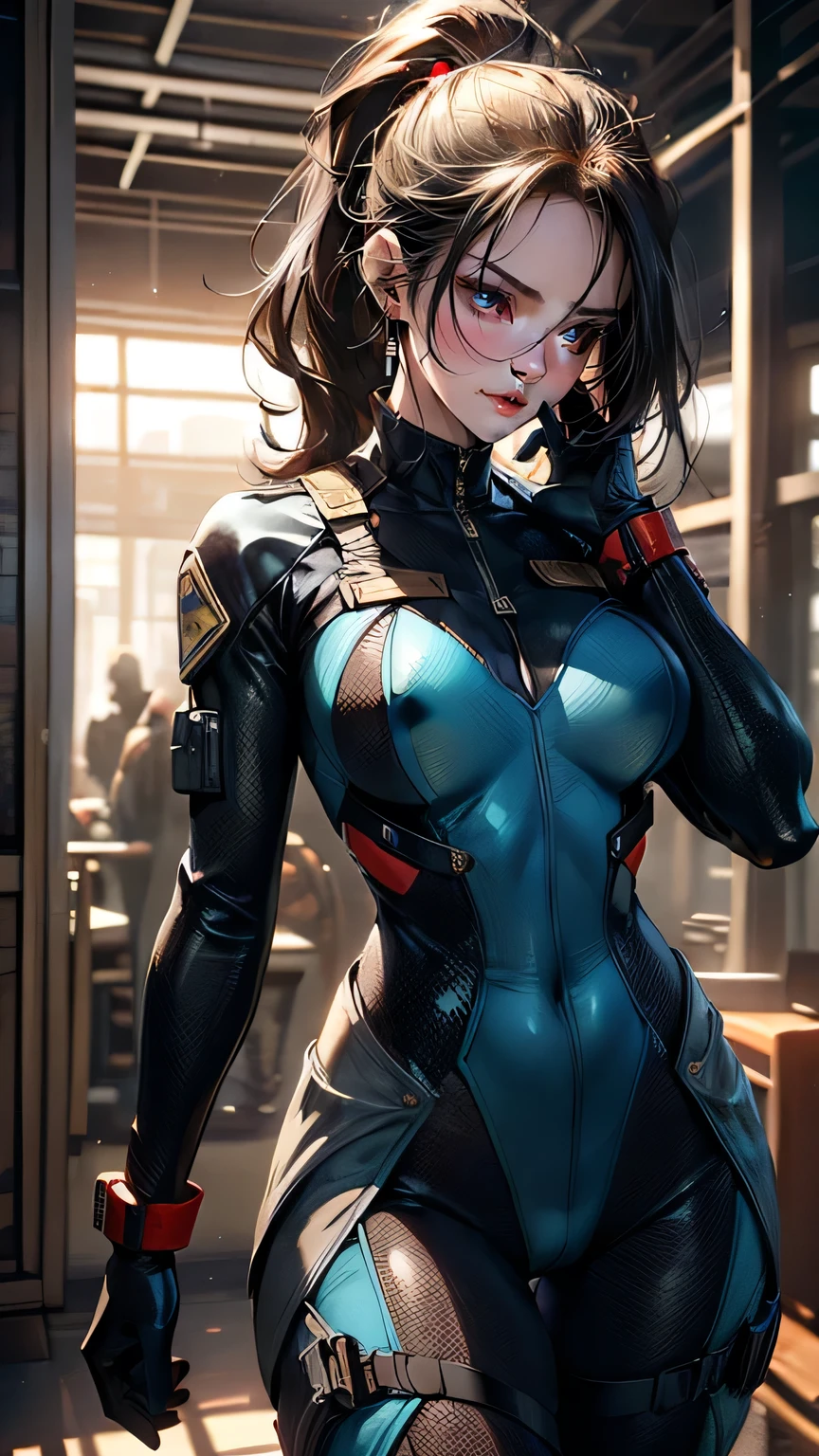 best quality, masterpiece, realistic, photorealistic, 1girl, solo, looking at viewer, full body, standing, 1girl,night city, holding assault rifle, futuristic, strawberry blonde hair, brown eyes, Double bun, tactical gear, blue bodysuit