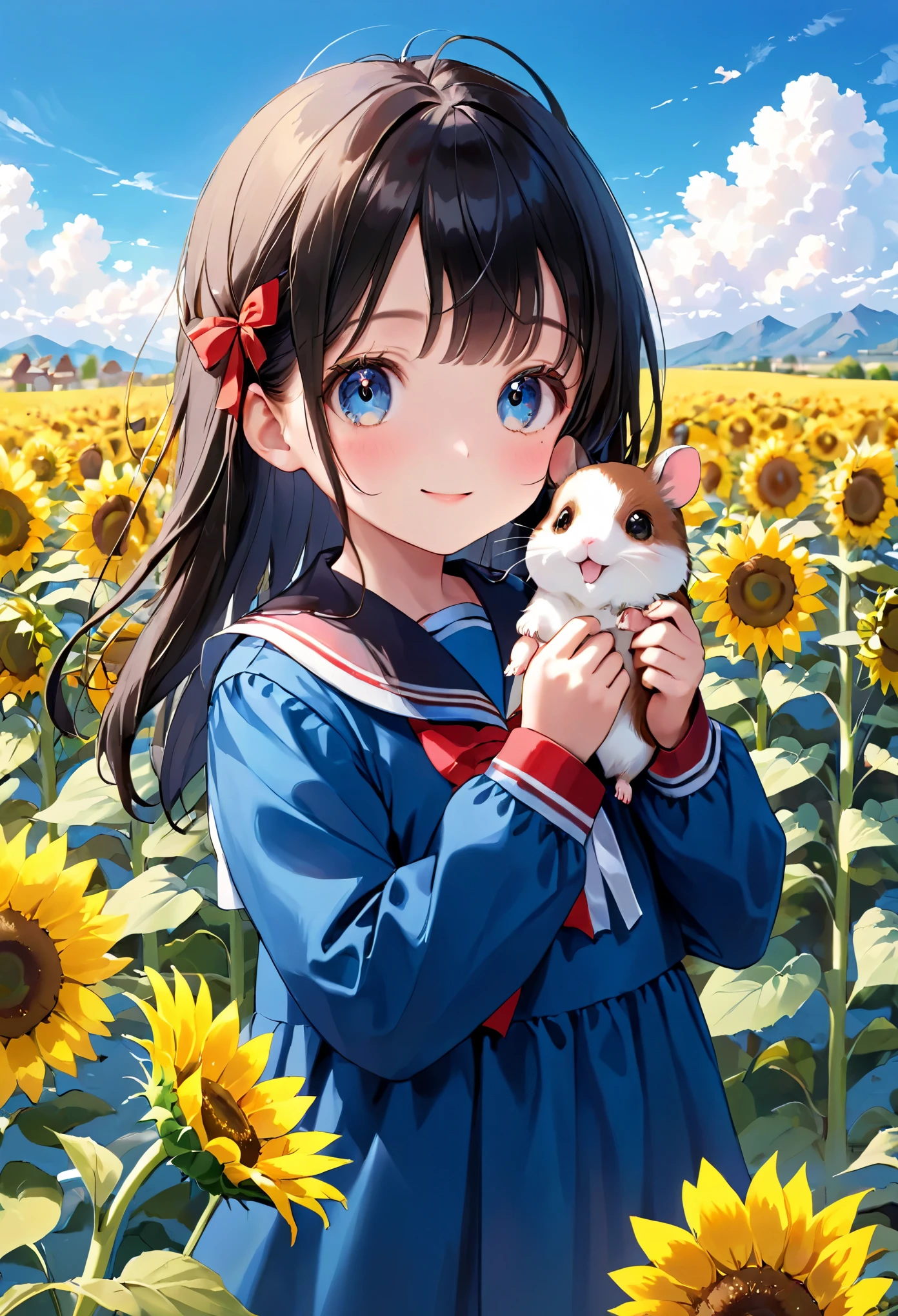 (8K, best quality, master piece: 1.2), super high resolution,pastel,6yo,ultra-detailed face,detailed eyes,(:3:1.3),red kindergarten uniform smock、Straight Hair,blunt bangs,black hair,Happy,(holding a hamster in both hands),Rim Light,cute,blue sky,cloud,Sunflower field