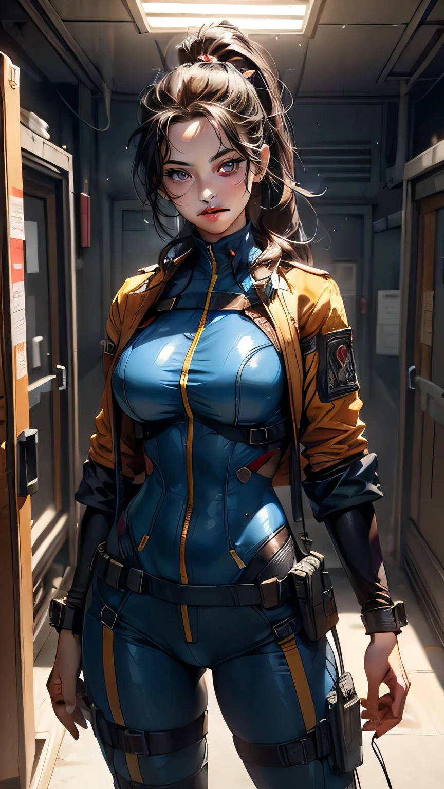 Cowboy shot, (full body shot), Lady bug, full body, dark hair, Perfect face, beautiful detailed hazel eyes, symmetrical eyes, (detailed face), slender, dramatic lighting, (8k, photo, masterpiece), (highest quality), (best shadow), (best illustration), ultra high resolution, 8K wallpapers, physically based rendering, high contrast, f1 lens .6, intense colors, hyper-realistic texture, cinestill 800), detailed face, blue-yellow medical doctor suit, doctor coat, glasses, bodysuit, battlefield medic, high ponytail, hightech military communication headset, urban techwear,milf,renaissance,ruanyi0288,skin tight,firemenoutfit