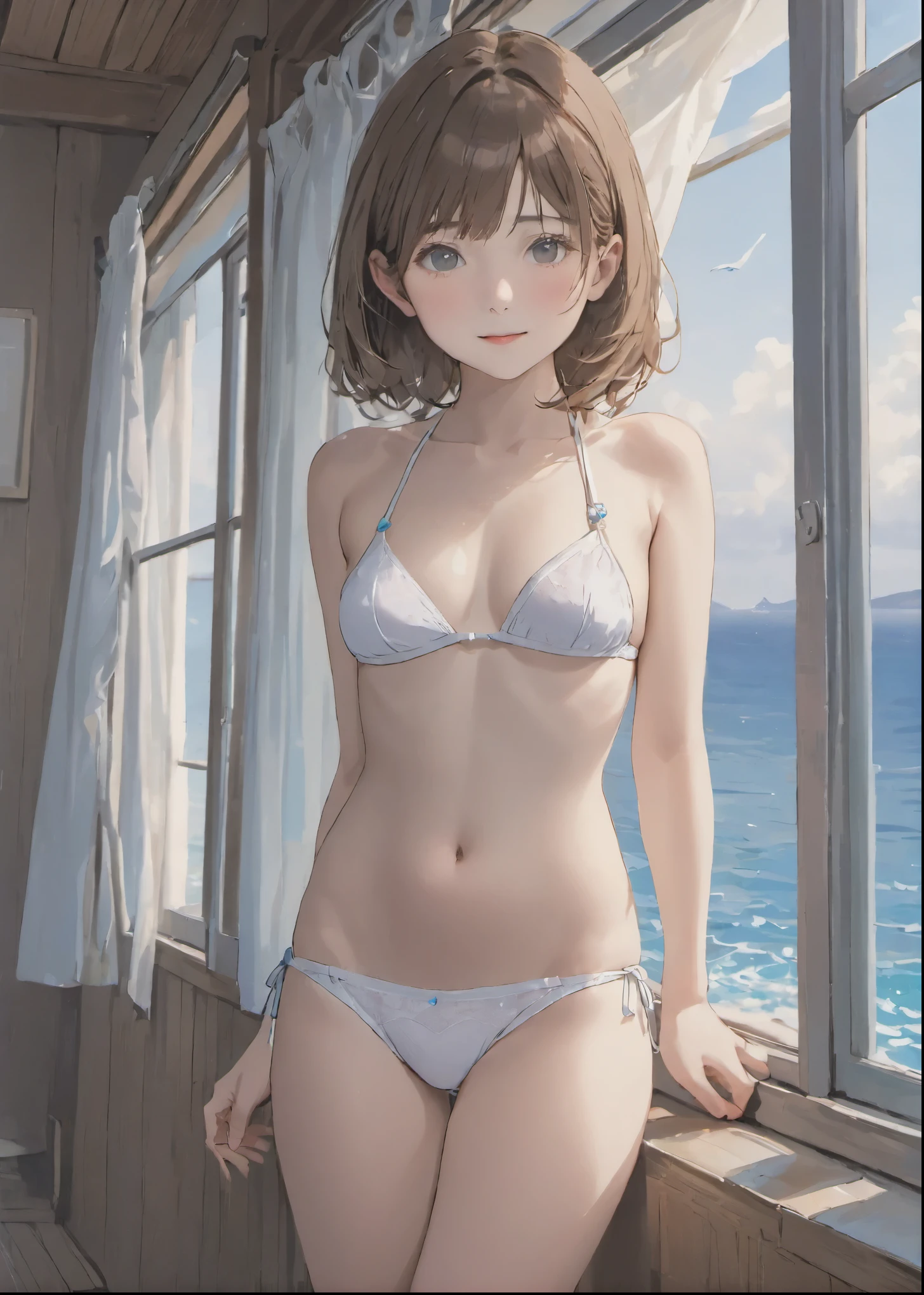 ((photorealistic background:1.5)),((Gravure idol pose)), (Small breasts:1.1), Swimwear, ((bikini:1.5)), At the window overlooking the sea, cute, Little, Kindergarteners, 5 heads, , (masterpiece, highest quality, 4K:1.2), ((One girl;1.3)), ((alone:1.0)), Beauty, cute, ((Sexy white underwear:1.3)), ((Thin panties:1.3))