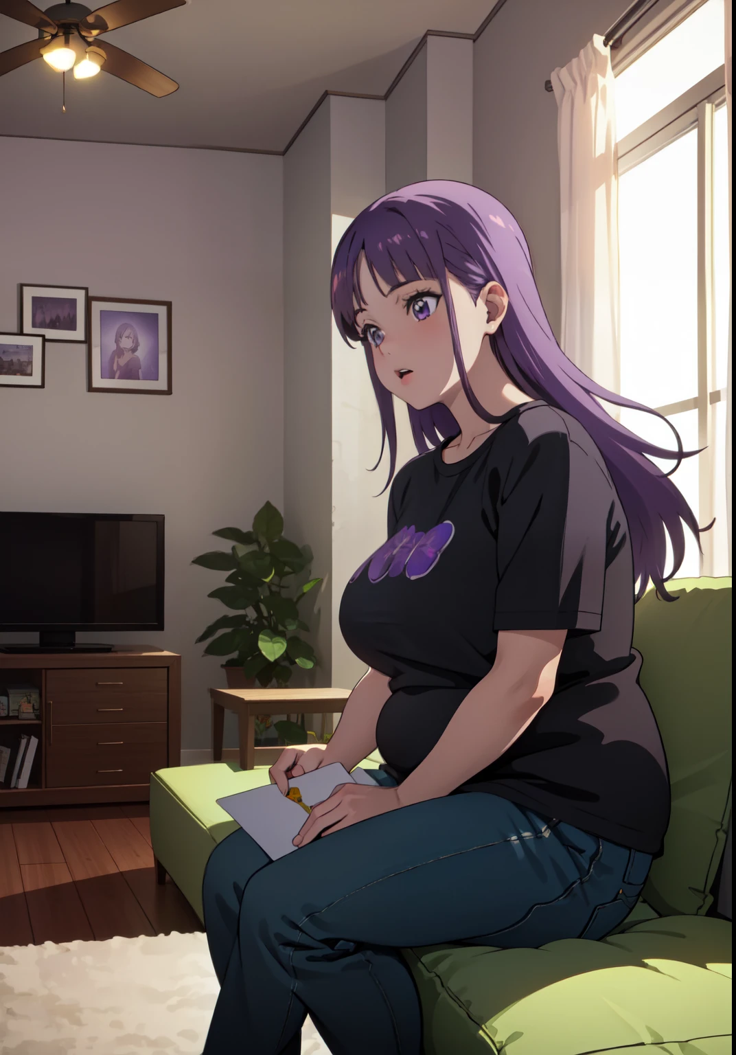 ((Anime)), (Young woman ), (masterpiece:1.2), Best quality, a high resolution, unity 8k wallpaper, (illustration:1.2), (very detailed face), (plump girl:1.19), (Chocho`s body:1.3), (black long hair:1.15), (lilac eyes:1.5), sitting in a soft green velvet chair, (T-shirt and jeans), (side view:1.2), (dropped my hands:1.2), (looking at nothing in front of you:1.15), (craft envelope on lap), depressive atmosphere, living room, rainy lighting, Minimalist interior