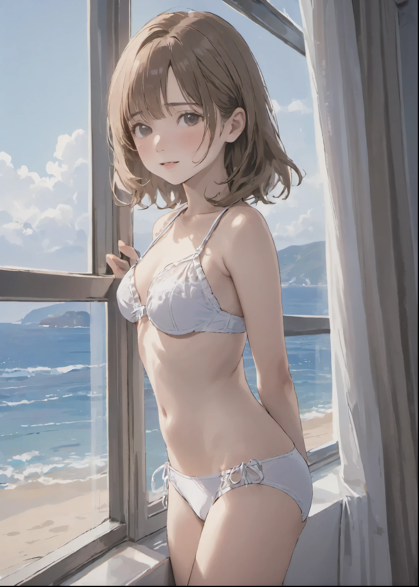 ((photorealistic background:1.5)),((Gravure idol pose)), (Small breasts:1.1), Swimwear, ((bikini:1.5)), At the window overlooking the sea, cute, Little, Kindergarteners, 5 heads, , (masterpiece, highest quality, 4K:1.2), ((One girl;1.3)), ((alone:1.0)), Beauty, cute, ((Sexy white underwear:1.3)), ((Thin panties:1.3)) 