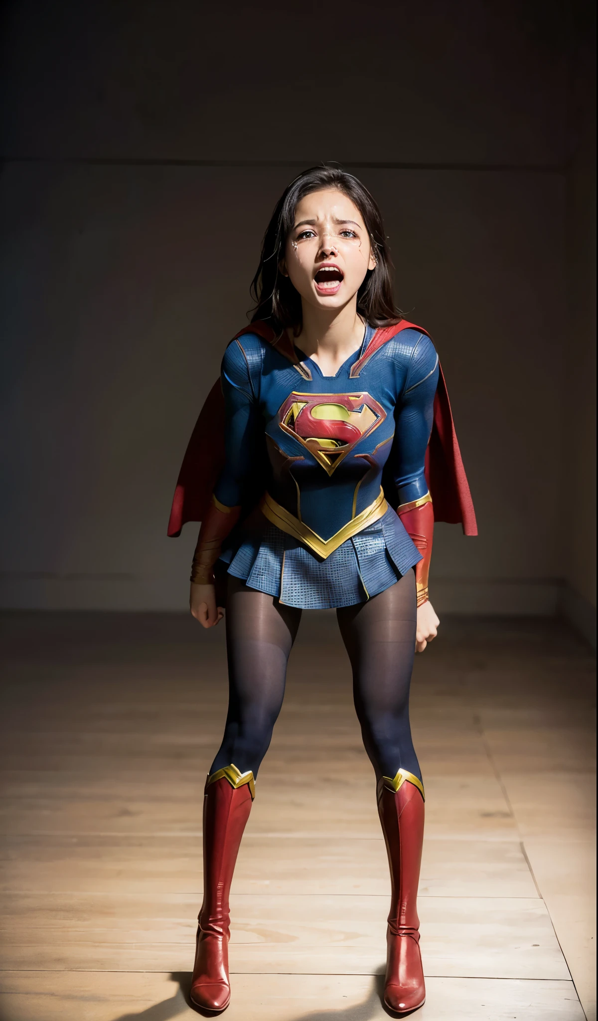 No background、(((Anguished expression)))、(((Are crying)))、(((Screaming)))、(((Beautiful legs in black tights.)))、(((Legally express the beauty of your smile)))、((((Make the most of your original images)))、(((Supergirl Costume)))、(((Supergirl's tattered costume)))、(((Beautiful Hair)))、(((suffering)))、(((Please wear black tights....、Wear red boots)))、((Best image quality、8K))、((highest quality、8K、masterpiece:1.3))、(((Preserve background )))、Sharp focus:1.2、Beautiful woman with perfect figure:1.4、Thin abdominal muscles:1.2、Wet body:1.5、Highly detailed face and skin texture、8K