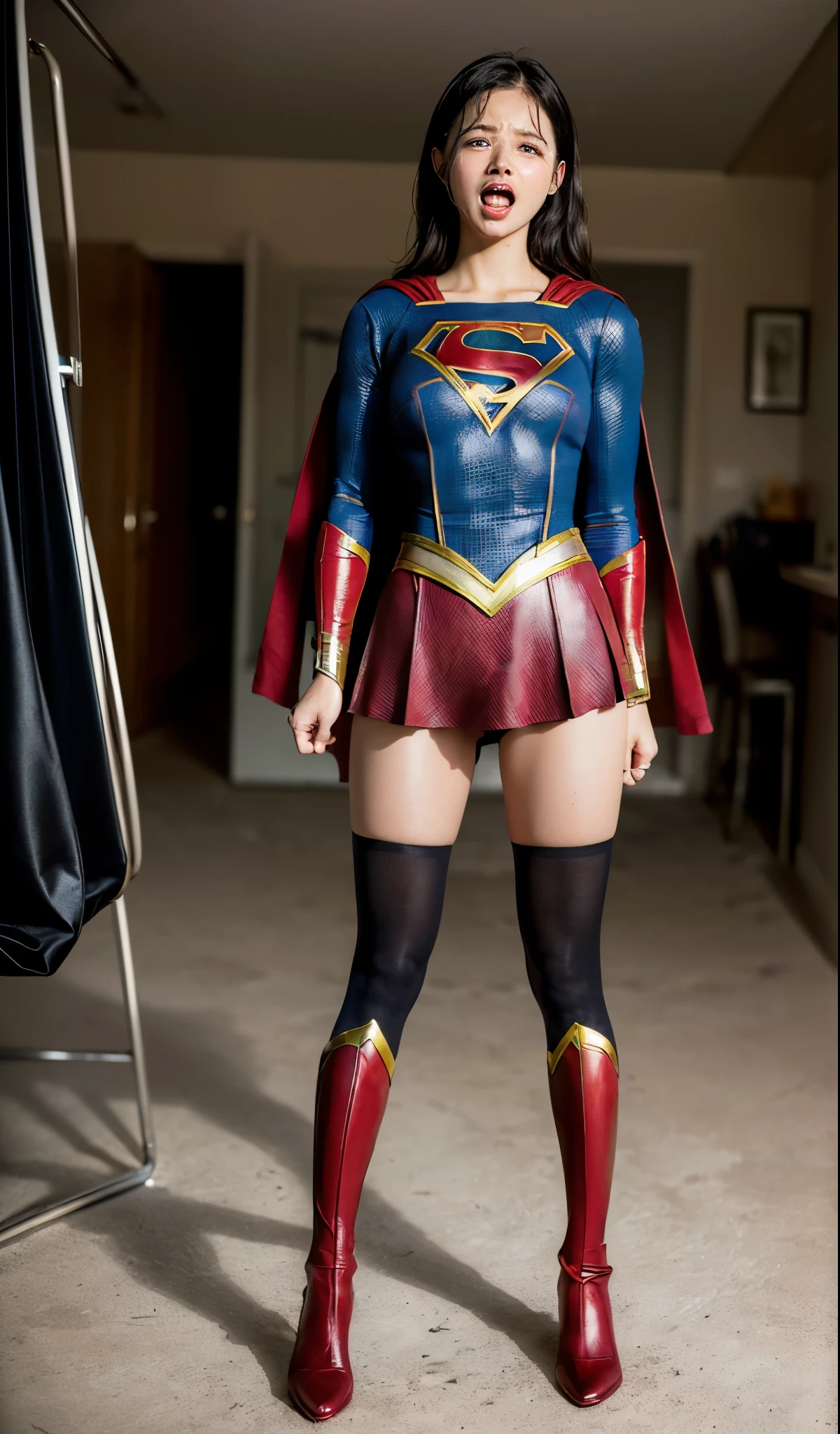 No background、(((Anguished expression)))、(((Are crying)))、(((Screaming)))、(((Beautiful legs in black tights.)))、(((Legally express the beauty of your smile)))、((((Make the most of your original images)))、(((Supergirl Costume)))、(((Supergirl's tattered costume)))、(((Beautiful Hair)))、(((suffering)))、(((Please wear black tights....、Wear red boots)))、((Best image quality、8K))、((highest quality、8K、masterpiece:1.3))、(((Preserve background )))、Sharp focus:1.2、Beautiful woman with perfect figure:1.4、Thin abdominal muscles:1.2、Wet body:1.5、Highly detailed face and skin texture、8K