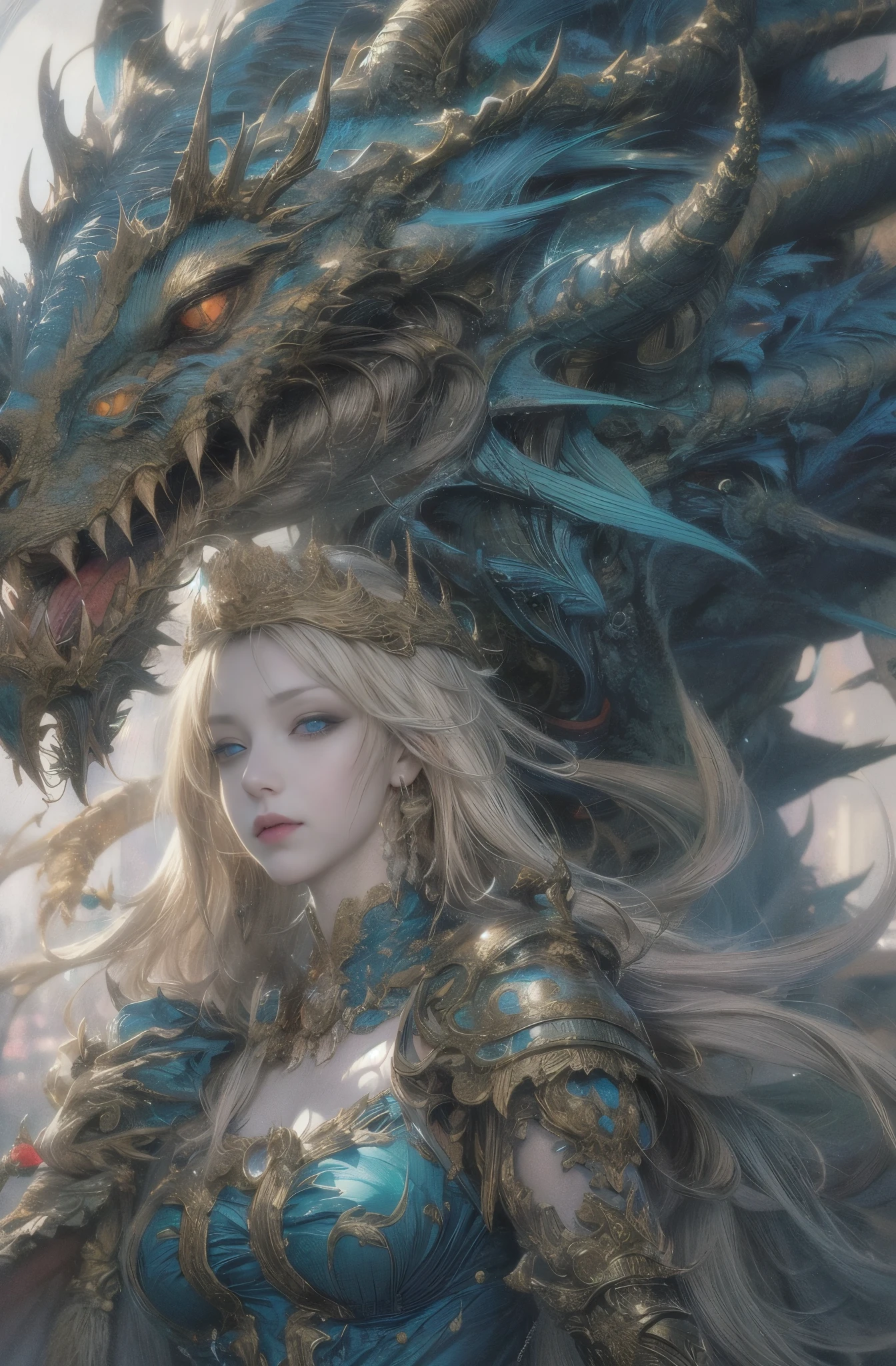 槍を持った美しきfemale dragon knight, A beautiful woman with a dragon, God&#39;s Kin, Detailed fantasy art, Fantasy art style, Fantasy style art, highly Detailed fantasy art, detailed Digital 2D Fantasy Art, fantasy artist, epic Fantasy art style hd, High quality fantasy art, Detailed fantasy illustrations, fantasy book illustration, Digital 2D Fantasy Art, Fantasy Art Illustration, 4k fantasy art, author：Jean Jay., Fantasy art style, 2. 5D CGI Anime Fantasy Artwork, epic Fantasy art style hd, Epic fantasy digital art style, Detailed fantasy art, 詳細なDigital 2D Fantasy Art, Luan Jia and Artgerm, 8k fantasy art, female dragon knight, Sharp contours, very fine and beautiful eyes, Blue eyes without pupils, Beautiful Blue Eyes, pretty much beautiful face, Also々exterior, Valhalla, Unparalleled beauty, masterpiece, highest quality, The perfect angle, Perfect composition, Best Shot, Official Art, Cinematic light, Very beautiful and fantastic scenery, chivalry dream, Presence, Michael Letter, Christoph Huge 、Ultra-precision coating, Luminism, art by Carne Griffiths and What a bone Concept Art, 4K resolution, Fractal isometric detailed bioluminescence , 3D Rendering, Octane Rendering, Exquisitely crafted , Cinematic, Art Station&#39;trendy, Isometric Center, Surreal cover photo, Amazing full color, Handwriting, Hit definition , Cinematic,Great background, Abstract Beauty,stand, Approaching perfection, Pure Form, Golden Ratio, Minimal, Concept Art, By Brian Froud、Karn Griffiths、What a bone、John William Waterhouse, Intricate details, 8K Post-Production, High resolution, Hyper Detail, Art Stationのトレンド, Studio shot, Intricate details, Very detailed, Greg Rutkowski, Encounter with the Ancient Red Dragon, Close-up