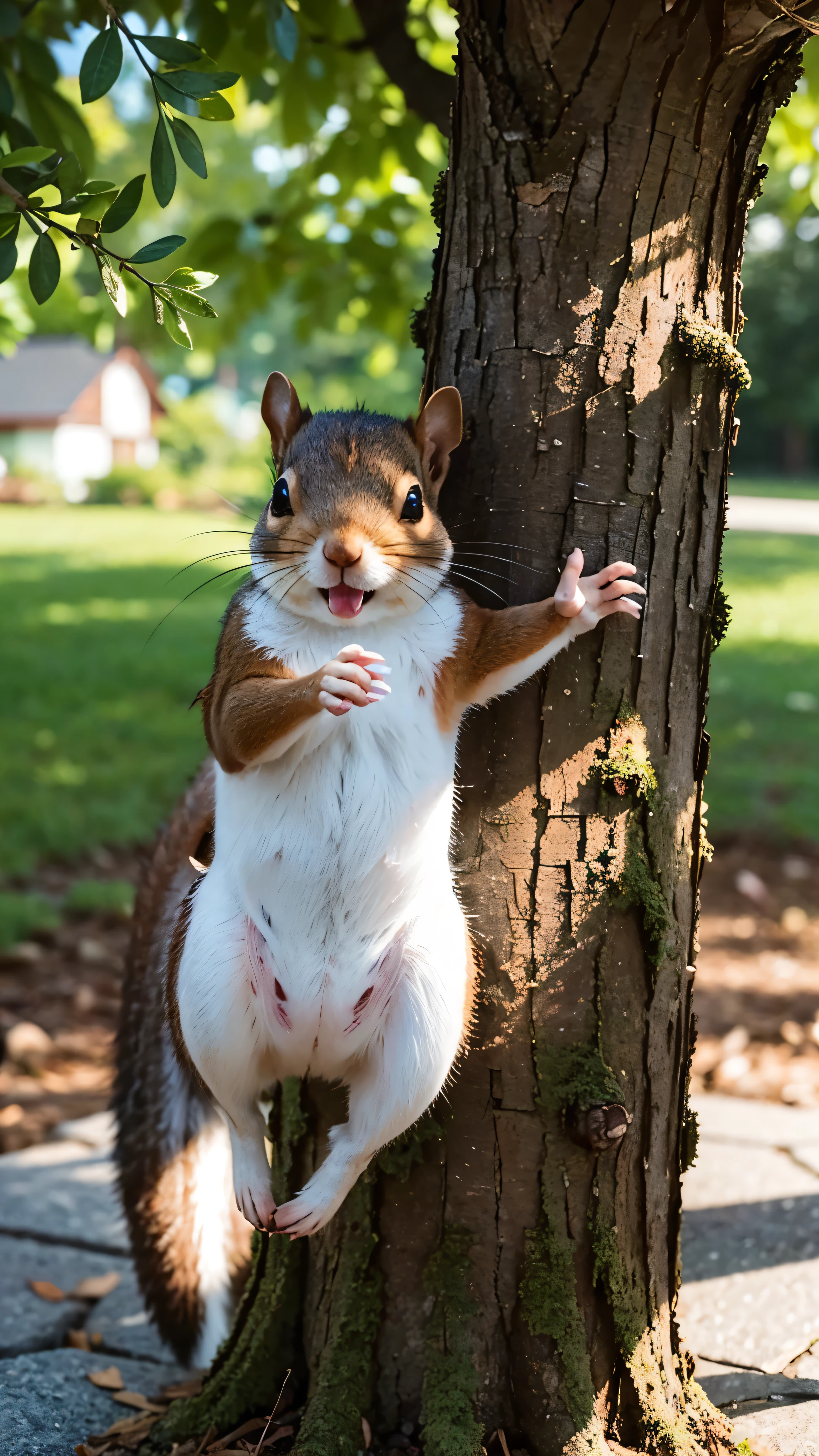 A delightful little squirrel, full of joy、He returned home with the precious pine cone in his paws.。