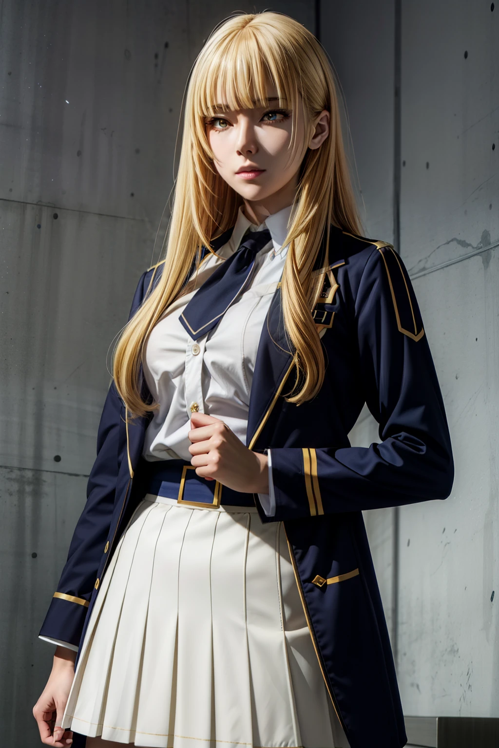 expensive body, expensive, Long legs, mature female, mature, Adult, Simple Background EFT_Excellence_Princess, One girl, alone, Blonde, Long Hair, View your viewers, Yellow Eyes, tie, bangs, blunt bangs, Upper Body, Mouth closed, uniform, dress, shirt, Jacket, Anime Coloring, white shirt, skirt