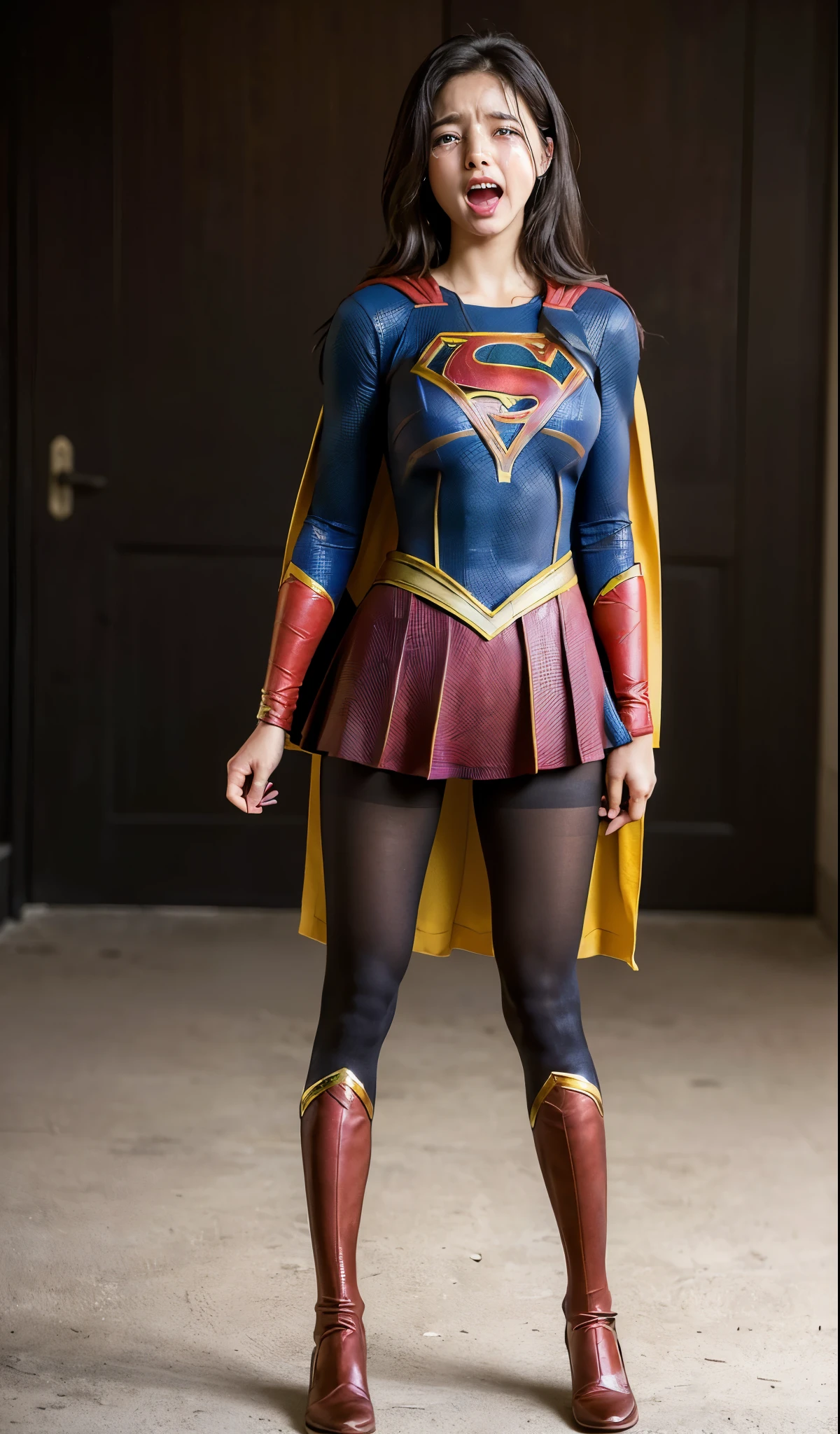 No background、(((Anguished expression)))、(((Are crying)))、(((Screaming)))、(((Beautiful legs in black tights.)))、(((Legally express the beauty of your smile)))、((((Make the most of your original images)))、(((Supergirl Costume)))、(((Supergirl's tattered costume)))、(((Beautiful Hair)))、(((suffering)))、(((Please wear black tights....、Wear red boots)))、((Best image quality、8K))、((highest quality、8K、masterpiece:1.3))、(((Preserve background )))、Sharp focus:1.2、Beautiful woman with perfect figure:1.4、Thin abdominal muscles:1.2、Wet body:1.5、Highly detailed face and skin texture、8K