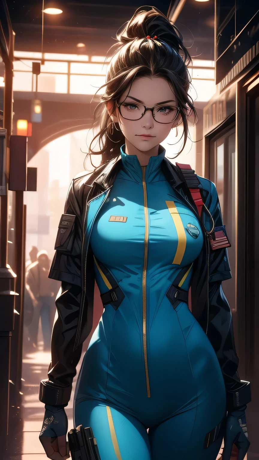 Cowboy shot, (full body shot), Lady bug, full body, dark hair, Perfect face, beautiful detailed hazel eyes, symmetrical eyes, (detailed face), slender, dramatic lighting, (8k, photo, masterpiece), (highest quality), (best shadow), (best illustration), ultra high resolution, 8K wallpapers, physically based rendering, high contrast, f1 lens .6, intense colors, hyper-realistic texture, cinestill 800), detailed face, blue-yellow medical doctor suit, doctor coat, glasses, bodysuit, battlefield medic, high ponytail, hightech military communication headset, urban techwear,milf,renaissance,ruanyi0288,skin tight,firemenoutfit