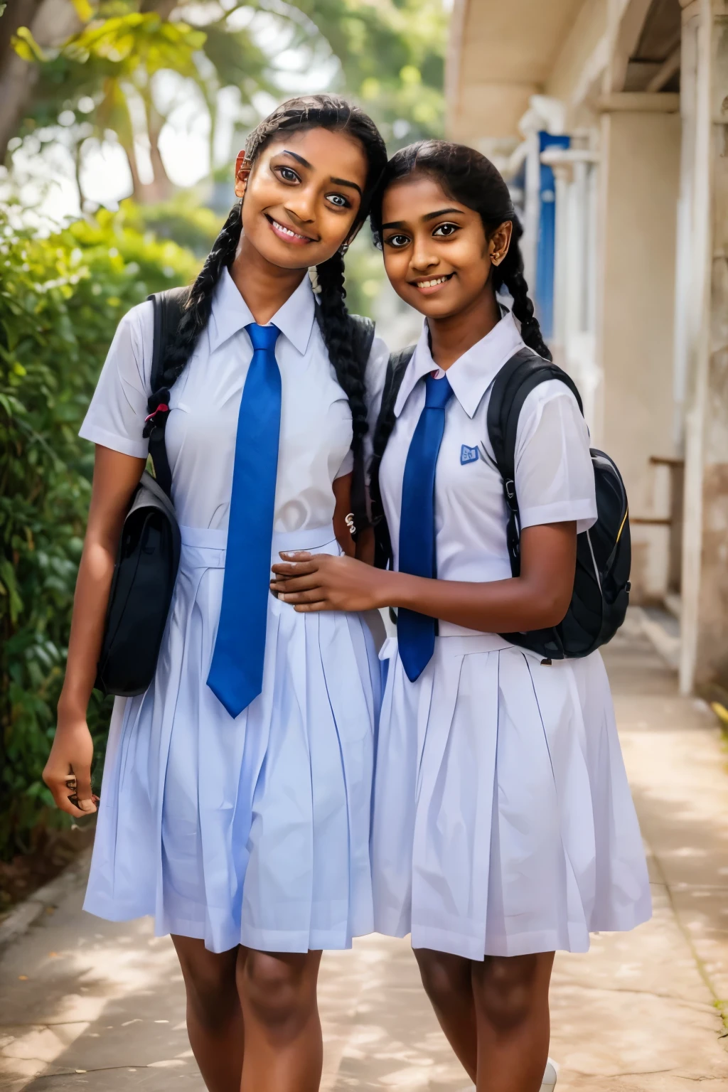 Raw photo, two beautiful Sri Lankan  schoolgirls, with plaited hair, both warmly hugging eachother in a school walkway in a joyful happy mood, wearing white frocks and blue color ties, white shoes, with school backpacks, professional photographer, (hdr:1.4), masterpiece, ultra-realistic 8k, perfect artwork, intricate details, cute face, award winning photograph, (Best quality, 8k, 32k, Masterpiece, UHD:1.3)