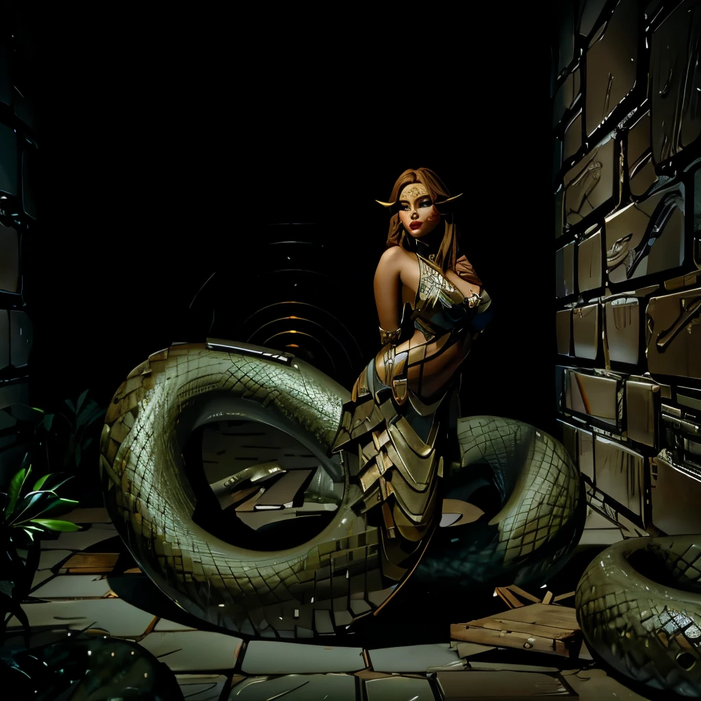 Dark environment，A beautiful woman with golden scales on her body，(mermaid:1.2), (Snake tail:1.3)，8K  UHD，RAW photo，A snake woman，（Python pattern），（snake man），(Crystal clear golden scales)，(Real Human:1.3)，(A high resolution:1.4)，(A detailed:1.5)，(photorealestic:1.7)，RAW photo，Portrait Photogram，Realistic scales，cabellos largos dorados，Skin is delicate and smooth，Full breasts，nakeness，（Lamia），RAW photo，超A high resolution，Foto realism，best qualtiy，(highdetailskin，skin detailed)，Visible Pore，Shiny skin，tmasterpiece，finedetail，Colorization，Extremely Delicately Beautiful，Extremely detailed 8k wallpaper，8K high quality，Digital SLR，Snake man with beautiful details，(looking at viewert)，professional photograph lighting，Faraway view，full bodyesbian，in a panoramic view