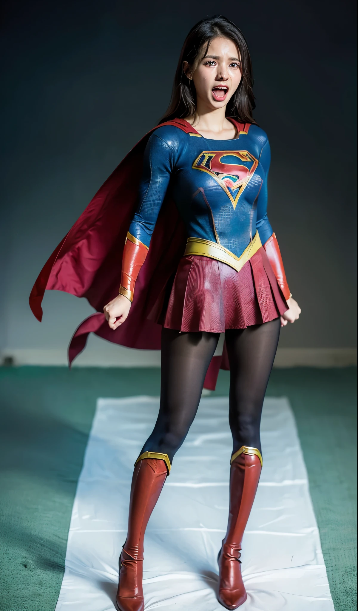 No background、(((Anguished expression)))、(((Are crying)))、(((Screaming)))、(((Beautiful legs in black tights.)))、(((Legally express the beauty of your smile)))、((((Make the most of your original images)))、(((Supergirl Costume)))、(((Supergirl's tattered costume)))、(((Beautiful Hair)))、(((suffering)))、(((Please wear black tights....、Wear red boots)))、((Best image quality、8K))、((highest quality、8K、masterpiece:1.3))、(((Preserve background )))、Sharp focus:1.2、Beautiful woman with perfect figure:1.4、Thin abdominal muscles:1.2、Wet body:1.5、Highly detailed face and skin texture、8K
