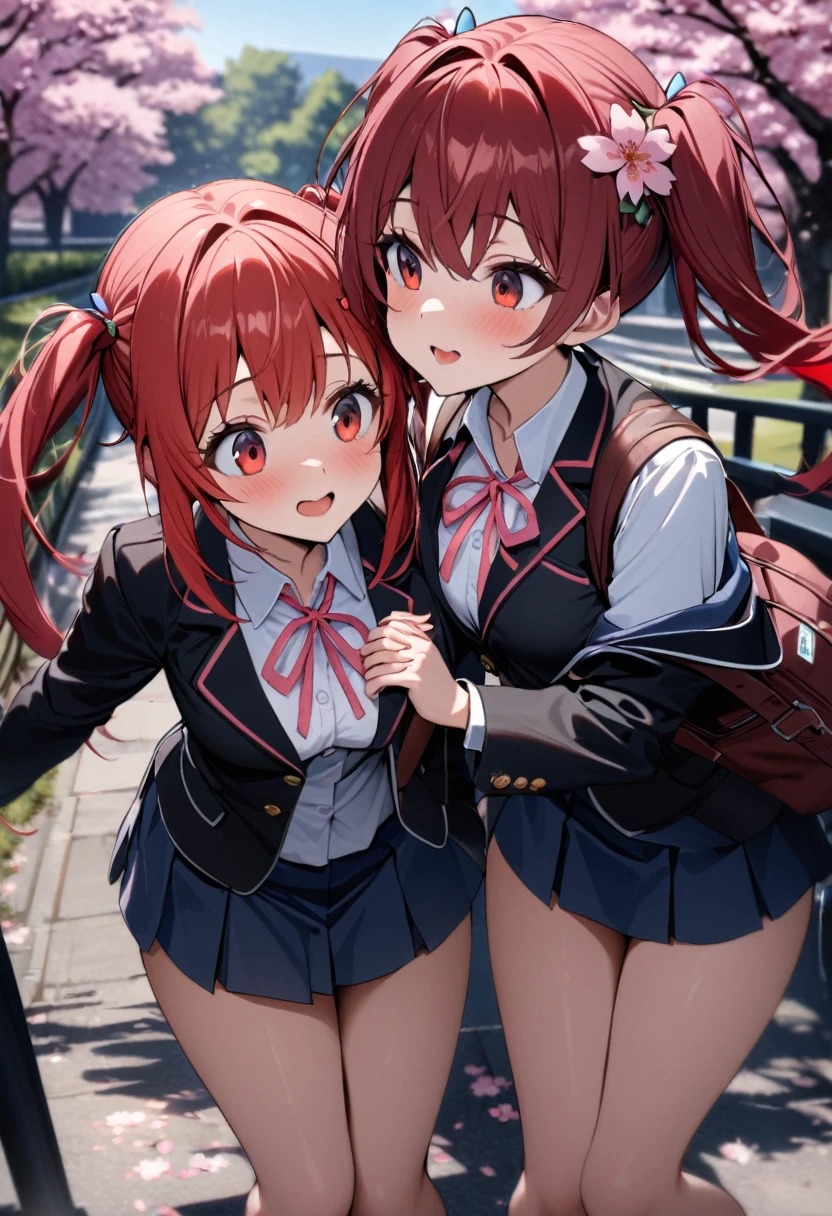 masterpiece, Highest quality, High resolution,nsfw,  Amegumi, short hair, beret, White Hat, Neck ribbon, Frills, White Dress, Red cardigan, Open clothes, Long sleeve, White ribbon, street, petal, cherry blossoms, Reaching out, smile, Open your mouth, Are standing, Cowboy Shot , detail erectile nipples),(detail white panties:1.2), ((cameltoe)),
