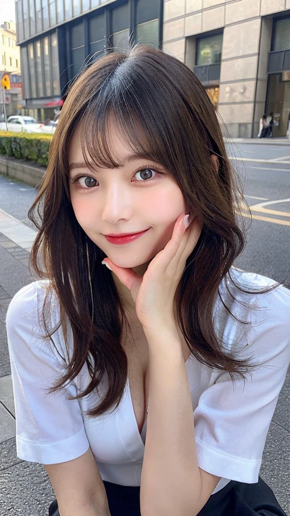 highest quality, shape, Very detailed, finely, High resolution, 8k wallpaper, 完璧なダイナミックな構shape, Beautiful and detailed, Summer clothes,Medium Hair,Natural color lip,smile,20-year-old girl、Midnight、Beautiful and elaborate face、Perfect and beautiful face、Slim face and figure,spread your arms wide,Big eyes,Take a photo with your face raised from below your knees、Small face、Beautifully detailed face、Perfect and beautiful double eyelids、Big cleavage、Thin legs、One Woman、gravure、Streetscape