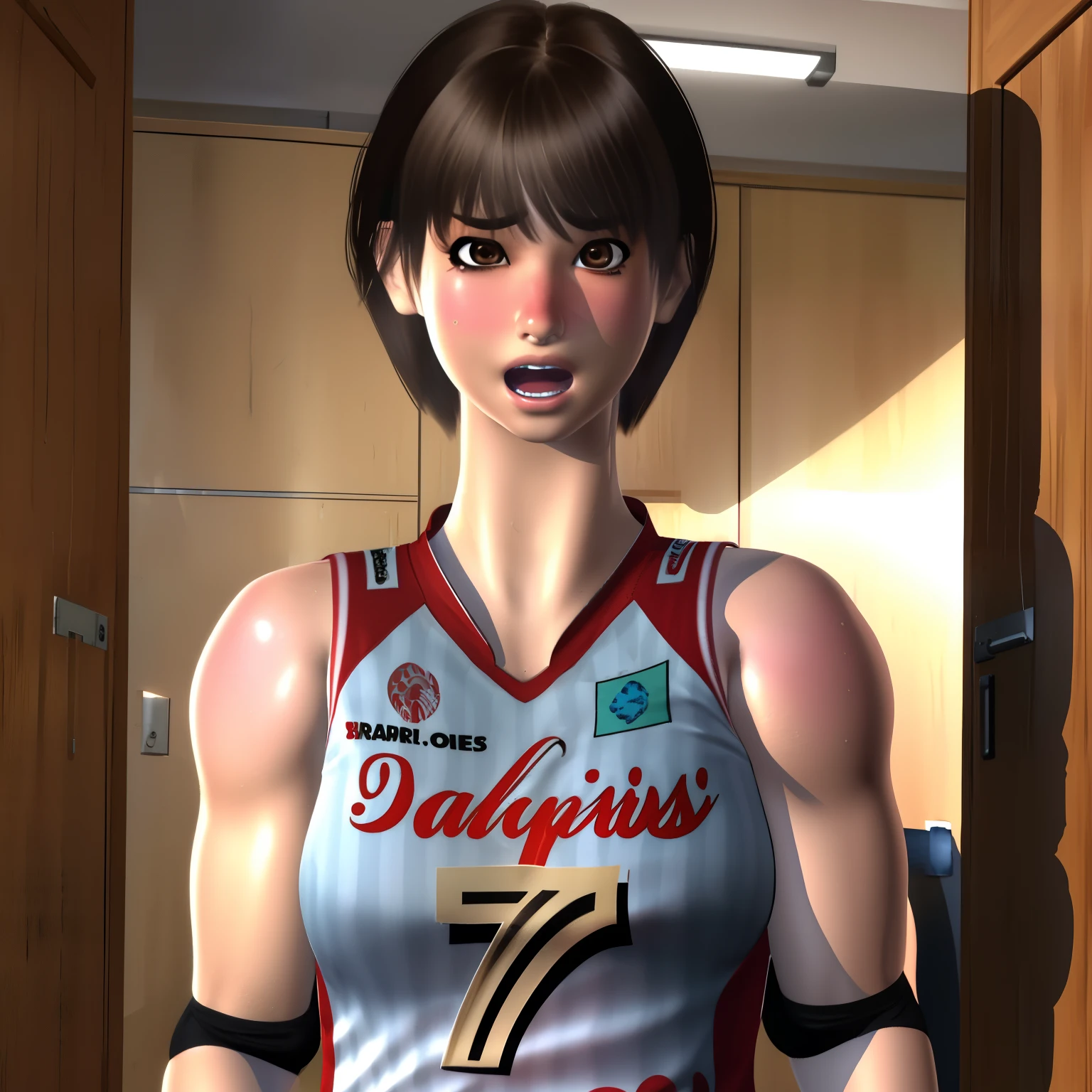 kaori,brown hair,brown eyes,short hair,surprised,
volleyball uniform,sleeveless,number 7,
standing,upper body,
locker room,
(insanely detailed, beautiful detailed face, masterpiece, best quality),solo,