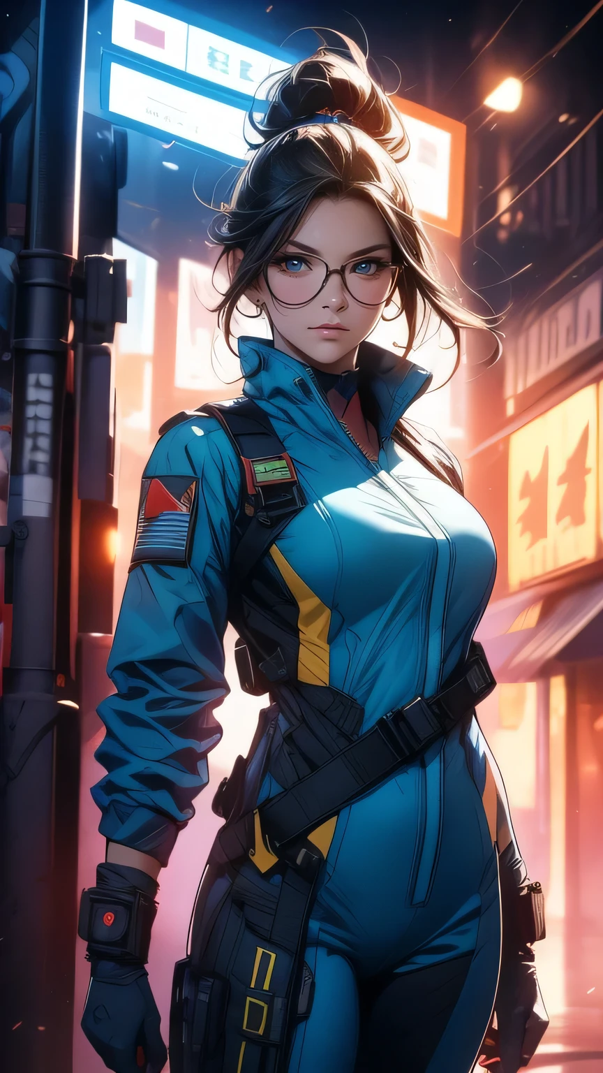 Cowboy shot, (full body shot), Lady bug, full body, dark hair, Perfect face, beautiful detailed hazel eyes, symmetrical eyes, (detailed face), slender, dramatic lighting, (8k, photo, masterpiece), (highest quality), (best shadow), (best illustration), ultra high resolution, 8K wallpapers, physically based rendering, high contrast, f1 lens .6, intense colors, hyper-realistic texture, cinestill 800), detailed face, blue-yellow medical doctor suit, doctor coat, glasses, bodysuit, battlefield medic, high ponytail, hightech military communication headset, urban techwear,milf,renaissance,ruanyi0288,skin tight,firemenoutfit