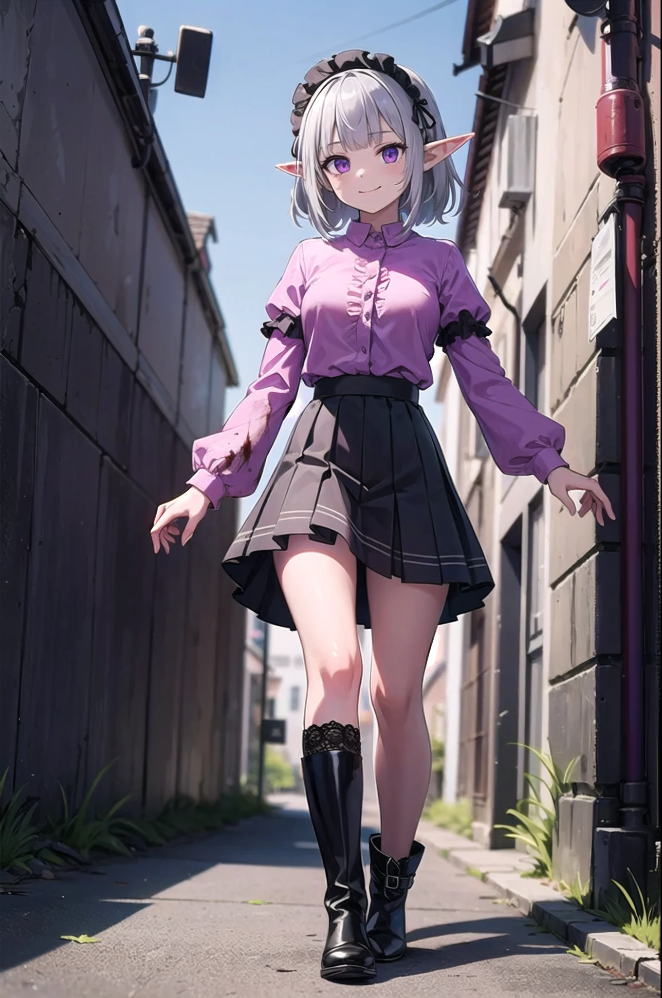 (masterpiece),  best quality,  high resolution,  Extremely detailed,  Detailed background,  light,  outdoor,  1 girl,  Elf,  Medium Length Hair,  Silver Hair,  Cross Bangs,  Purple Eyes,  medium breasts,  Pink shirt,  黑skirt,  Exaggerated hair accessories,  skirt,  Ruffles,  Lace,  Ruffle sleeves,  frilled skirt,  Knee socks,  Ankle boots,  Pathological,  Pathological face,  Shadow Side,  Crazy Eyes,  Glowing eyes,  Crazy smile,  Blood,  Blood on face,  Blood on clothes,  Put your hands on your cheeks