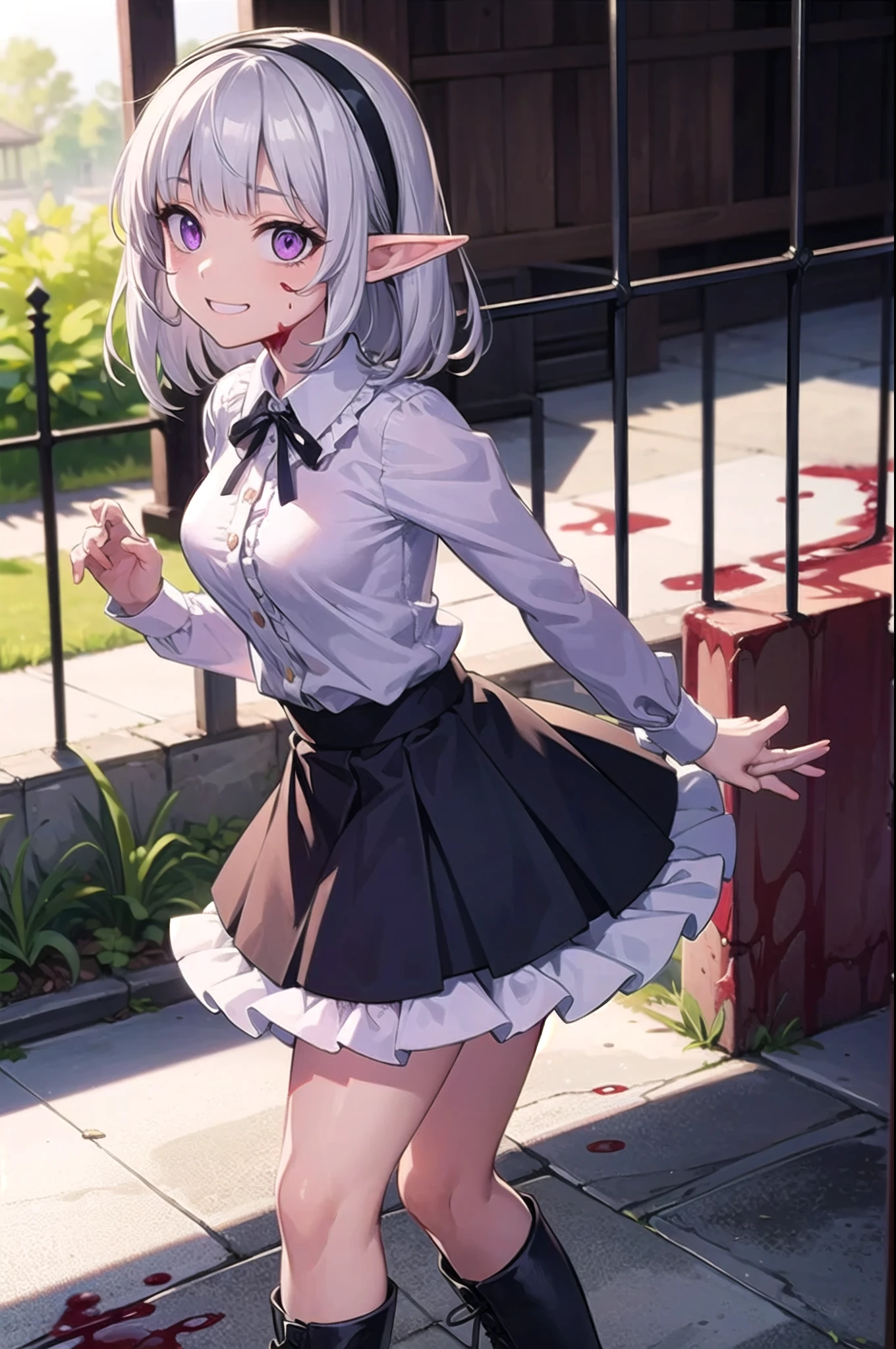 (masterpiece),  best quality,  high resolution,  Extremely detailed,  Detailed background,  light,  outdoor,  1 girl,  Elf,  Medium Length Hair,  Silver Hair,  Cross Bangs,  Purple Eyes,  medium breasts,  Pink shirt,  黑skirt,  Exaggerated hair accessories,  skirt,  Ruffles,  Lace,  Ruffle sleeves,  frilled skirt,  Knee socks,  Ankle boots,  Pathological,  Pathological face,  Shadow Side,  Crazy Eyes,  Glowing eyes,  Crazy smile,  Blood,  Blood on face,  Blood on clothes,  Put your hands on your cheeks