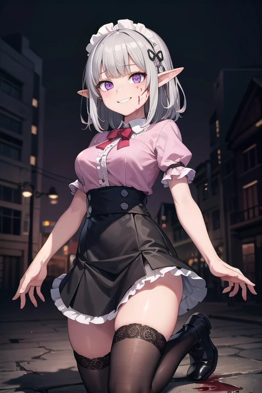 (masterpiece),  best quality,  high resolution,  Extremely detailed,  Detailed background,  light,  outdoor,  1 girl,  Elf,  Medium Length Hair,  Silver Hair,  Cross Bangs,  Purple Eyes,  medium breasts,  Pink shirt,  黑skirt,  Exaggerated hair accessories,  skirt,  Ruffles,  Lace,  Ruffle sleeves,  frilled skirt,  Knee socks,  Ankle boots,  Pathological,  Pathological face,  Shadow Side,  Crazy Eyes,  Glowing eyes,  Crazy smile,  Blood,  Blood on face,  Blood on clothes,  Put your hands on your cheeks