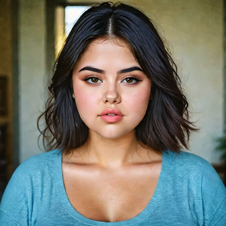 (masterpiece, best quality:1.2), 1girl, solo, plump cute beautiful Caucasian female with dark hair who looks like Selena Gomez, large dark eyebrows, huge dark eyebrows, Thick dark eyebrows, round face, big cheeks, puffy cheeks, plump, big cheekbones, wide face, plump lips, big lips, huge lips, massive duck lips