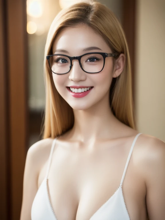 (realistic、masterpiece、Best Quality、8K、highres、high resolution:1.3)、1 girl、Huge breasts、smile,glasses,  white bikini、pale white skin、looking at viewers、super fine face and eyes、long blonde hair、indoor、 upper body、