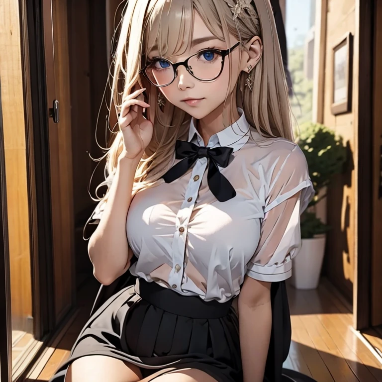 ((medium breasts)), ((erotic, sexy)), 28-year-old student in a shirt, blonde, (dressed as a , on the street), beautiful detailed eyes, light face, ((Full body photo)), (Pigtails), shapely ass, wears glasses, sleeveless.