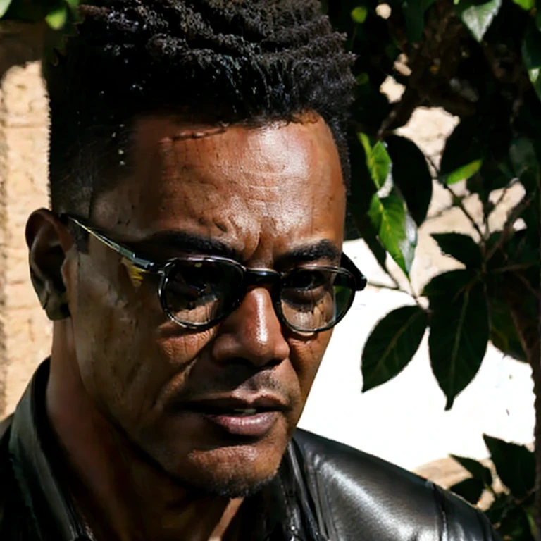 close-up, 45yo man (caesar cut hairstyle, dark skin, eyeglasses), wearing a black shirt, in a beautiful garden, looking at viewer, masterpiece, best quality, photorealistic, UHD, 8K, 16K, solo