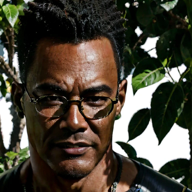 close-up, 45yo man (caesar cut hairstyle, dark skin, eyeglasses), wearing a black shirt, in a beautiful garden, looking at viewer, masterpiece, best quality, photorealistic, UHD, 8K, 16K, solo