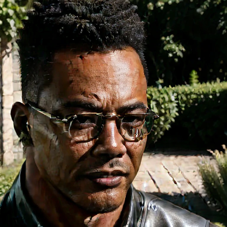 close-up, 45yo man (caesar cut hairstyle, dark skin, eyeglasses), wearing a black shirt, in a beautiful garden, looking at viewer, masterpiece, best quality, photorealistic, UHD, 8K, 16K, solo