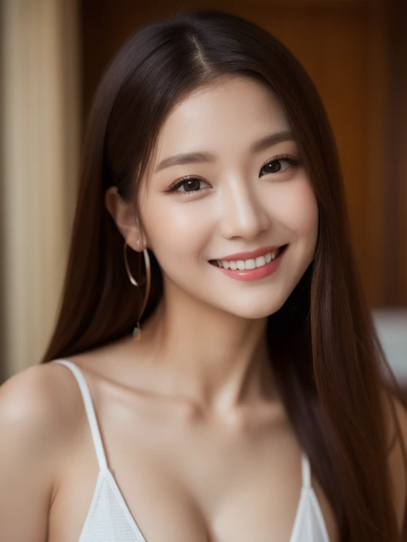 (realistic、masterpiece、Best Quality、8K、highres、high resolution:1.3)、1 glasses girl、smile, Huge breasts、white bikini、pale white skin、looking at viewers、super fine face and eyes、long hair、indoor、 upper body、