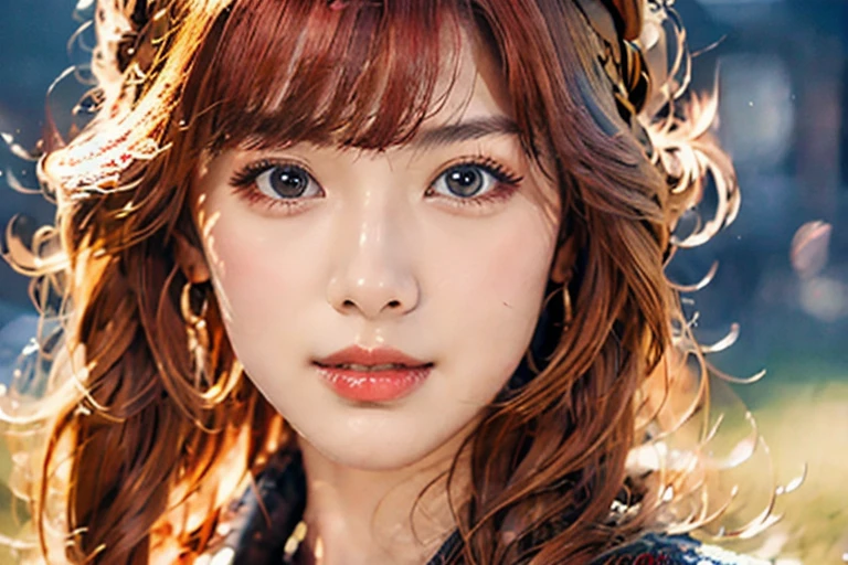 1girl, solo, (best quality, 4k, Masterpiece, ultra detailed), cowboy shot, 1girl, solo, risbeauty asia, long wavy hair, blunt bang, red hair, 4k