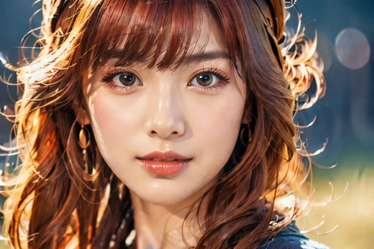 1girl, solo, (best quality, 4k, Masterpiece, ultra detailed), cowboy shot, 1girl, solo, risbeauty asia, long wavy hair, blunt bang, red hair, 4k