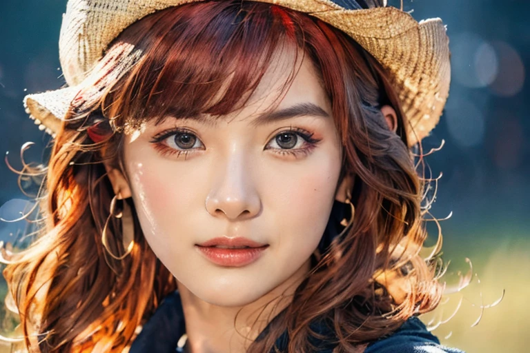 1girl, solo, (best quality, 4k, Masterpiece, ultra detailed), cowboy shot, 1girl, solo, risbeauty asia, long wavy hair, blunt bang, red hair, 4k