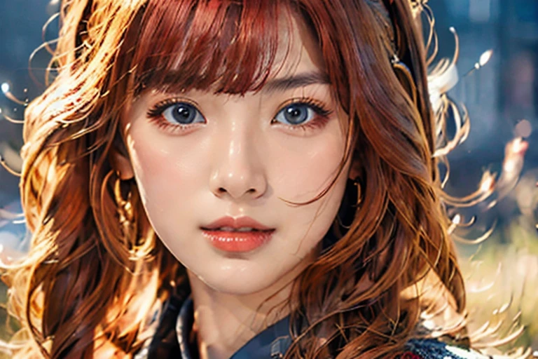1girl, solo, (best quality, 4k, Masterpiece, ultra detailed), cowboy shot, 1girl, solo, risbeauty asia, long wavy hair, blunt bang, red hair, 4k
