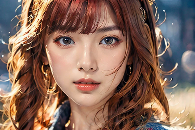 1girl, solo, (best quality, 4k, Masterpiece, ultra detailed), cowboy shot, 1girl, solo, risbeauty asia, long wavy hair, blunt bang, red hair, 4k