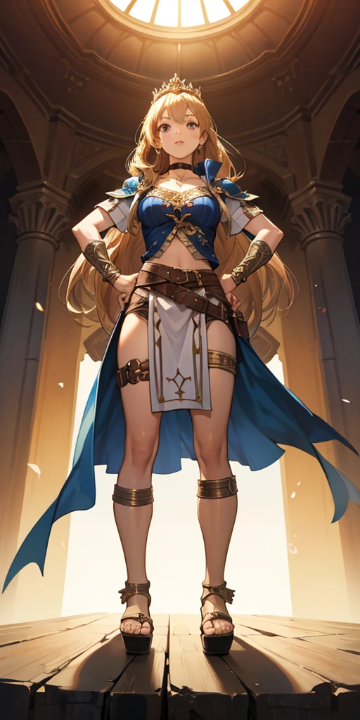 full body, whole body. 1solo (girl). loincloth standing, hands on hips full body (hands on hips), metal sandals, choker, big belt, view from below, feet together, bracers, tiara